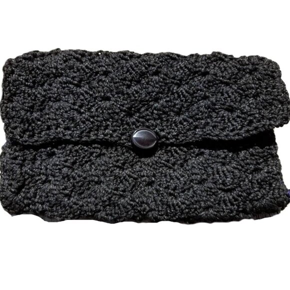 Vintage Handbags - Vintage 60s Black Crocheted Clutch Purse Handmade Pouch Acrylic Phentex